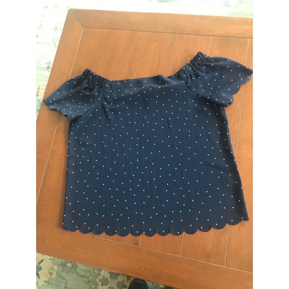 Elle Navy White Polka Dot Off Shoulder Scalloped Hem Top Women's Size‎ M